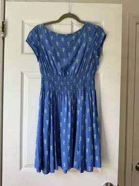 Kate spade Blue Short Sleeve Smocked Waist Dress with Seahorse Print size small